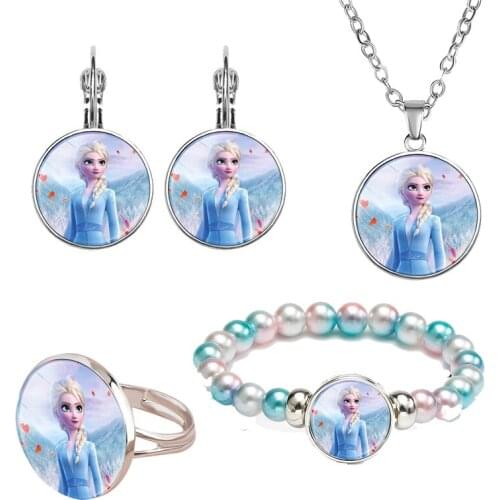 4pcs Disney Frozen 2 Aishana Birthday Wish Gift Alloy Glass Child Girl Ring Necklace Bracelet Earring Party Gift Gift Jewelry