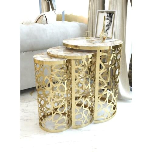 Cream Marble Patterned Glass Gold Laser Cut Lux Zigon Coffee Table Pad wohnzimmertisch طاولة غرفة معيشة столик из стекла