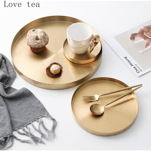 Nordic Golden Stainless Steel Round Tray Dessert Plate Western Food Dinner Plate Model Room Desktop Place Tray Storage Board