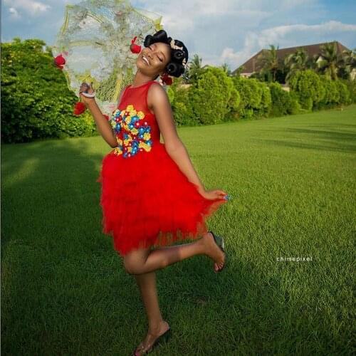 Cute Red Tiered Tulle Dresss For Prom See Thru Sleeveless 3D flowers Knee Length Cocktail Dresses Puffy Ruffles Vestido De Mujer