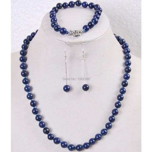 Fashion DIY jewelry 8mm Egyptian Lapis Lazuli Round Beads chalcedony necklace bracelet earrings set JT5672