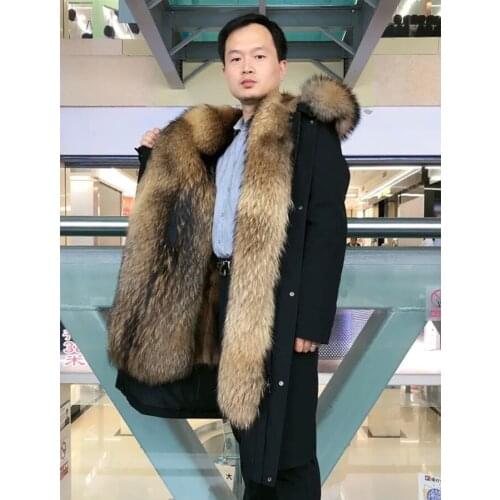 Mens Winter Parka Natural Muskrat Fur Coat Long Hooded Jacket Raccoon Fur Collar Oversize Outwear Fast Shipping