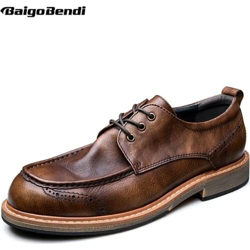 Retro Brown Big Round Toe Men Hand Made Summer Leather Shoes Trendy Man Lace Up Oxfords Young