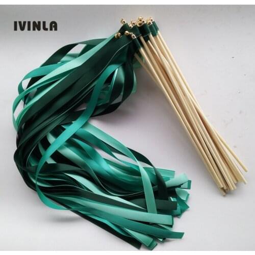 Newest 50pcs/lot Green wedding ribbon stick with gold bell for wedding decoration