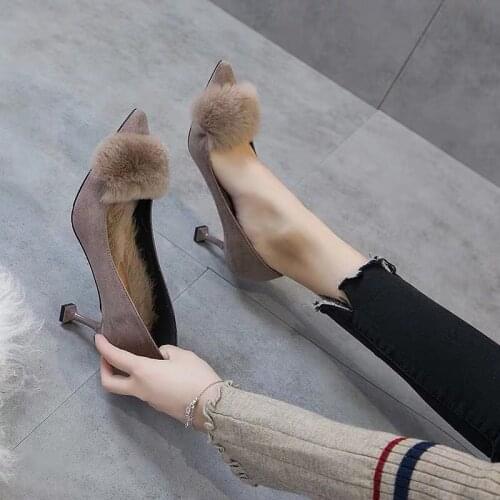 Shoes 2020 new womens winter plush autumn high heels womens 100-heeled hairy shoes pointed single-shoe women