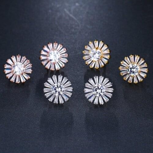 ORZTOON Fashion Zircon Sun Flower Stud Earrings For Women Minimalist Sliver Gold Color Female Earring Trendy Bride Jewelry Gift