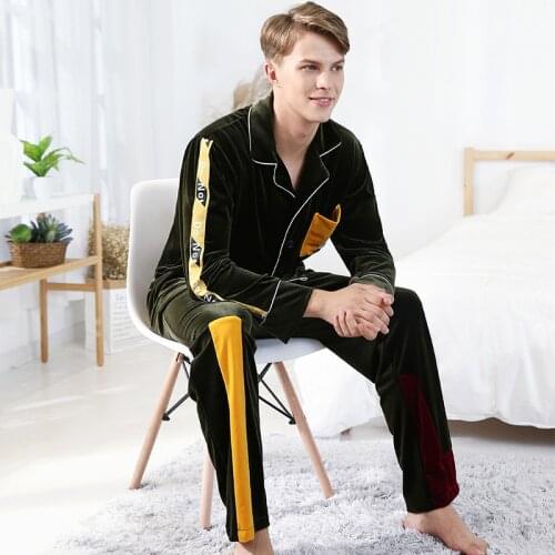SAMWESTAR Mens Pajamas Autumn Winter Gold Velvet Pajamas Male Long Sleeve Trousers Homewear Set for Men Sleepwear