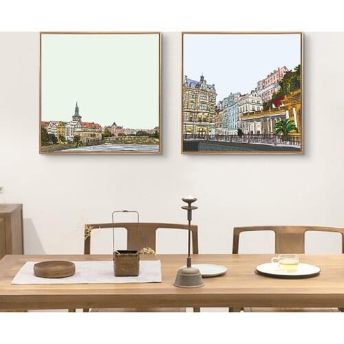 Simple and modern Nordic watercolor European architecture city murals poster print canvas porch decorative picture picture