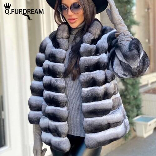 Q.FURDREAM Stand-UP Collar Real Rex Rabbit Fur Jackets Womens Coat Luxury Fashion Ladies Outerwear Long Sleeve Horizontal Stripe