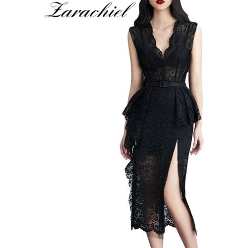 Sexy Sleeveless V-neck High Waist Women Black Lace Dress Female Vintage Ruffles Split Summer Evening Party Dress With Belt