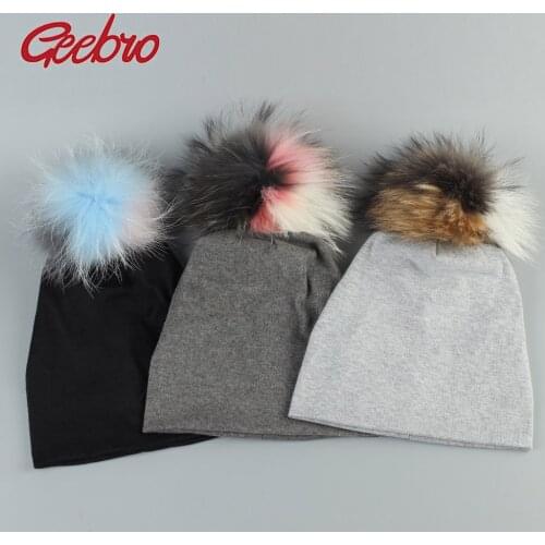 Geebro 5-12 Years Old Kids Beanie Hat with Pompom Spring Fashion 3 Tone Colors Raccoon Fur Pompom Slouchy Beanies for Girls