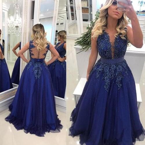 Sexy 2019 Navy Blue Evening Dresses Sheer Deep Lace Appliqued Beaded Pearls Tulle Prom Dress Illusion Back Formal Evening dress