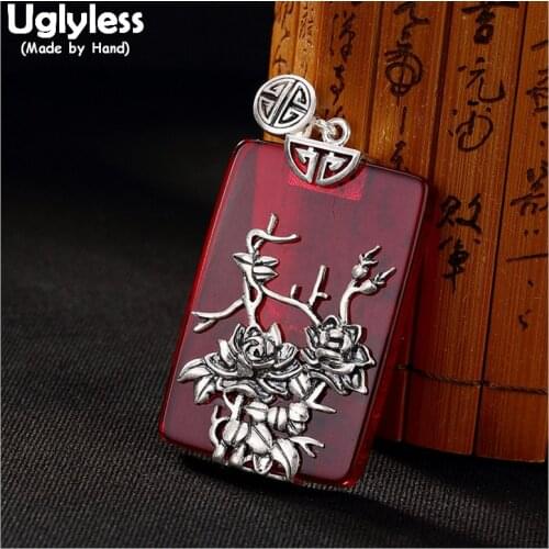 Uglyless Real Solid 990 Pure Silver Handmade Thai Silver Flower Pendants for Women Ethnic Square Chalcedony Necklaces no Chains