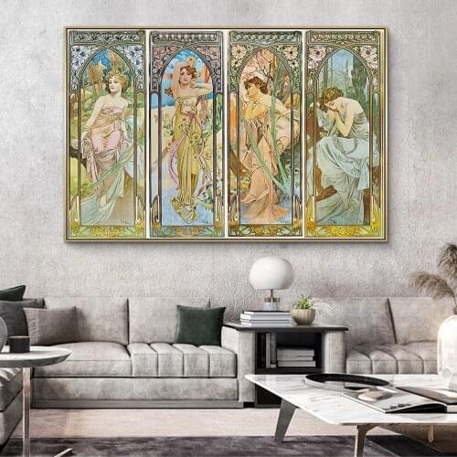 Alphonse Mucha Times of Day Vintage Canvas Painting Nouveau Woman Posters and Prints Wall Art Picture for Living Room Home Decor