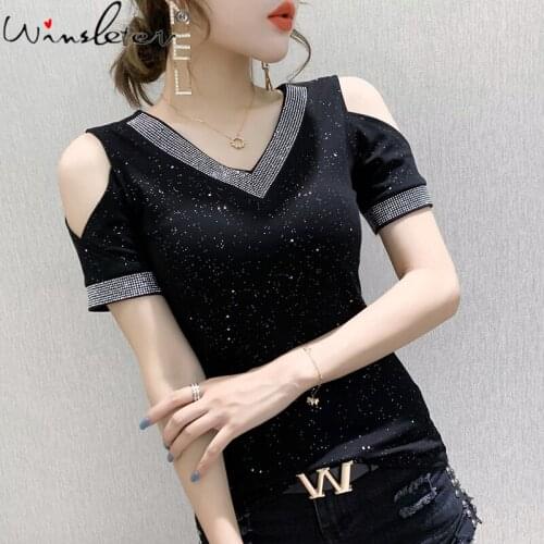 Summer Korean Style T-Shirt Sexy Shiny V-Neck Mesh Diamonds Women Tops All Match Stretchy Bottoming Shirt Tees New 2021 T14714A