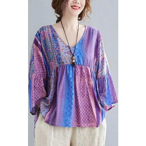 Oversized Women Cotton Linen Casual T-shirts New Arrival 2021 Summer Vintage Style V-neck Print Loose Female Tops Tees S3806