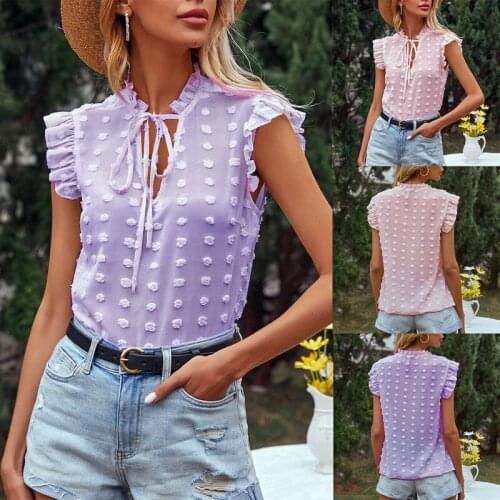 Womens New Style Pure Color Simple Lotus Leaf Sleeve V-Neck Loose Top