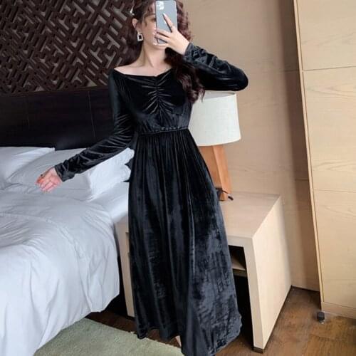 New arrival fashion korean style a-line dress women elegant vintage v-neck temperament office lady simple velvet black dress