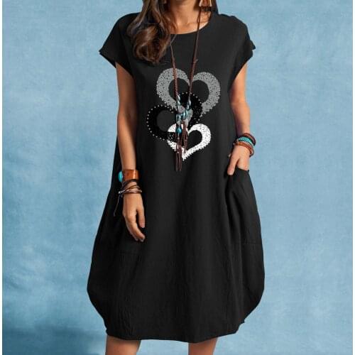 Heart Print Women Casual Linen Dress Plus Size O-neck Short Sleeve Loose Pocket Dresses For Women 2021 Knee Length Dress 40