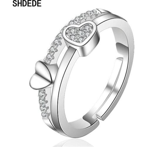 SHDEDE Heart Engagement Wedding Finger Rings For Women Zirconia 925 Silver Open Ring Adjustable Party Gift -WH77