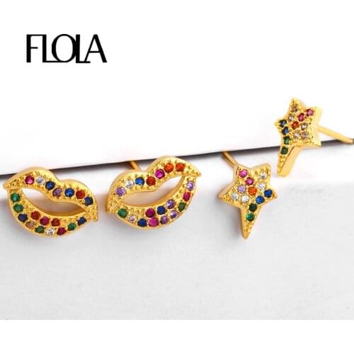 FLOLA CZ Gold Lip Stud Earrings for Women Crystal Small Star Earrings Cubic Zirconia Micro Pave Trending Rainbow Jewelry ersq77