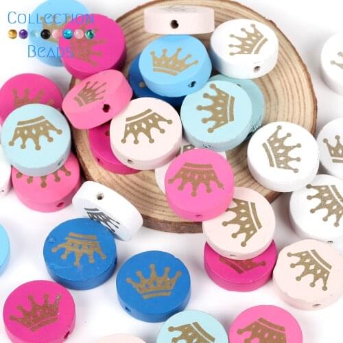 20pcs Natural Wooden Colorful Crown Flat Round Beads Loose Spacer Beads For DIY Bracelet Jewelry Making Handmade Accessories