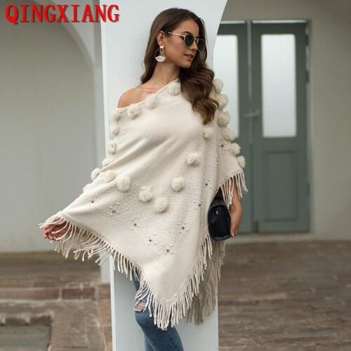 2020 Autumn Winter Women Plus Size Triangle Tassel Knitted Sweaters Shawl Fur Ball Poncho Cape Faux Fur Loose Beading Pullovers
