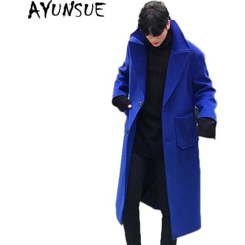 AYUNSUE Winter Cashmere coat men long wool jacket Wram Thick Double breasted Overcoat Pea cot for men plus szie Outwear LX1105