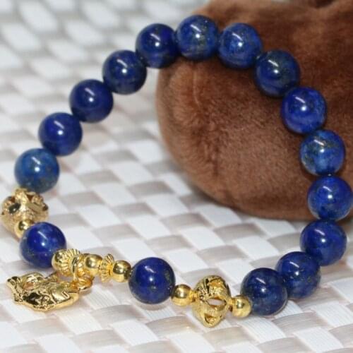 Original design lovely fish pendant beads 8mm natural blue lapis lazuli round stone strand bracelet jewelry making 7.5inch B2079