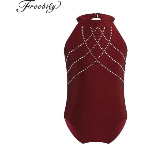 Girls Ballet Leotard Kids Halter Neck Sleeveless Crystal Adorned Dance Gymnastics Leotards Professional Ballerina Dance Costume