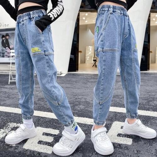 Fashion Girls Pencil Pants 2021 Spring Fall High Quality Patchwork Denim Trousers High Waist Letter Print School Teen Kids Jeans