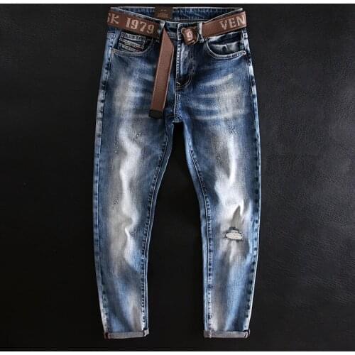 Italian Style Fashion Men Jeans Retro Blue Elastic Slim Ripped Jeans Men Embroidery Designer Vintage Casual Cotton Denim Pants