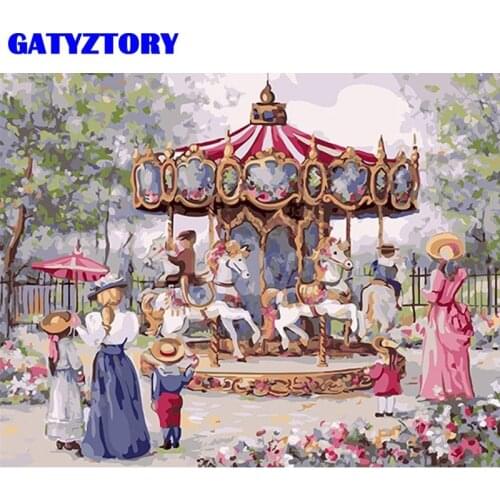 GATYZTORY Frame DIY Painting By Numbers Park Carousel Landscape Picture By Numbers Handmade Acrylic Paint Artwork 40x50cm