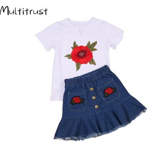 Multitrust Tollder Girl Clothes Set 2020 Girl Short Sleeve Rose Embroidery Top+Demin Skirts 2pcs Size 1-6Y