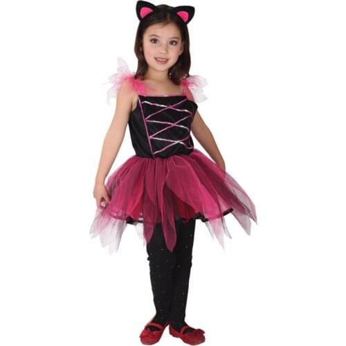 Halloween dress up costume COSPLAY children girl dark pink black cat dress with headband tail for kid