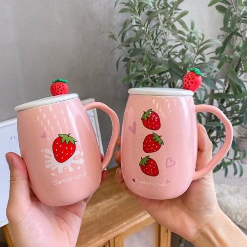 Korean-Style Cute Pink Strawberry Mug with Spoon and Lid Large Capacity Ceramic Cup Breakfast Cup Artistic Hipster Men and Women