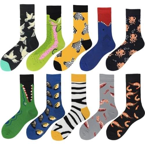 New 2020 Spring Combed Cotton Men Happy Socks Funny High Quality Cartoon Animals Shrimp Crocodile Zebra Sokken Casual Socks Men