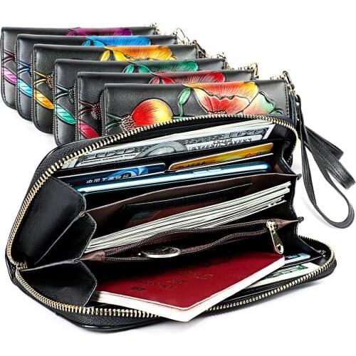 New Womens RFID Leather Long Zipper Wallet Female Personality Trend Printed Hand-painted Handbag Womens Card Case