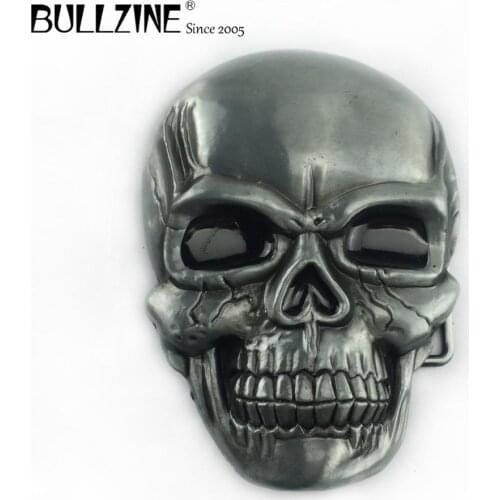 The Bullzine wholesale big & heavy skull belt buckle with pewter finish FP-03641 suitable for 4cm width snap on belt