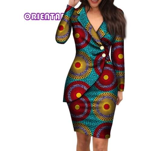 Autumn African Dresses for Women Fashion Office Style V-neck Long Sleeve Midi Dress Bazin Riche African Print Clothing WY4052