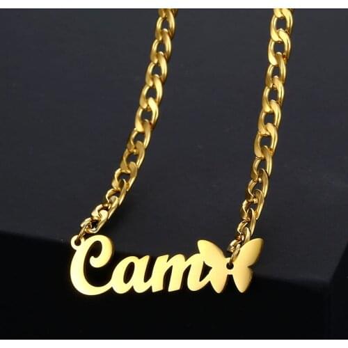 Stainless Steel Custom Name Necklaces for Men Women Customized Personalized 5mm Cuban Chain Butterfly Pendant Necklace Jewelry