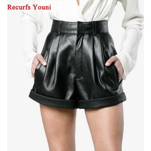 2020 Winter Women European/American Fashion Genuine Leather Shorts Real Lambskin High Waist Flanging Wide Leg Trousers Boots