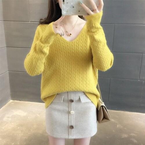 Knitted Pullover Sweater Womens 2020 Spring Autumn Casual V-Neck Sweaters Warm Jumper Pink Yellow Loose Cashmere Top Female