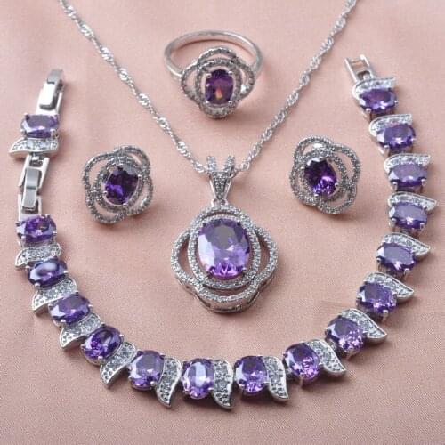 Jewelry Sets For Women Wedding Jewelry Natural Purple Crystal Earrings Rings Bracelet Necklace Birthday Gifts YZ0644