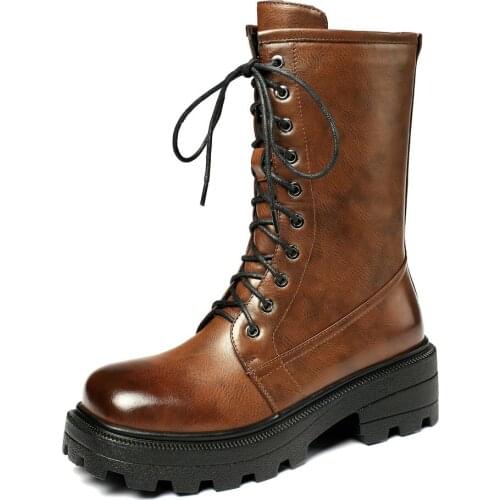Winter Autumn Female Western Boots Mid-Calf Square Toe Women Platform Military Motorcycle Shoes Retro Vintage Brown Booties