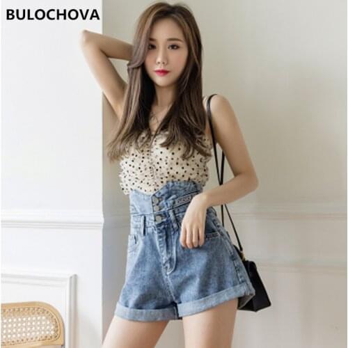 BULOCHOVA New Summer Women Fashion High Waist Slim Blue Black Denim Shorts Students Button Wide Leg Hot Short Pants Jeans Female