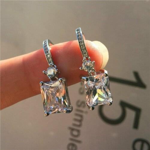 Geometric Women Shiny Crystal Rhinestone Drop Earrings Elegant White Gold Color Zircon Dangle Earrings Female Wedding Jewelry