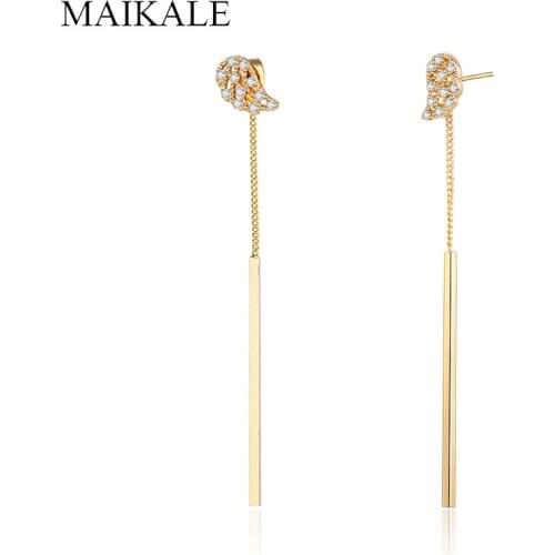 MAIKALE Trendy Wing Shape Zirconia Long Earrings for Women Gold Chain Metal Rod Drop Dangle Earrings Party Jewelry Gifts