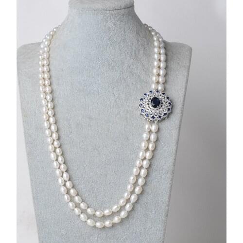 2 Strands 26- 28" White Rice Pearl Necklace CZ Pendant