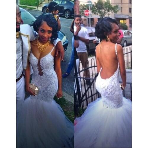 Backless Mermaid Wedding Dresses Lace Spaghetti Straps Sweetheart Sheer Tulle Bride Gown Plus Size Vestido Noiva